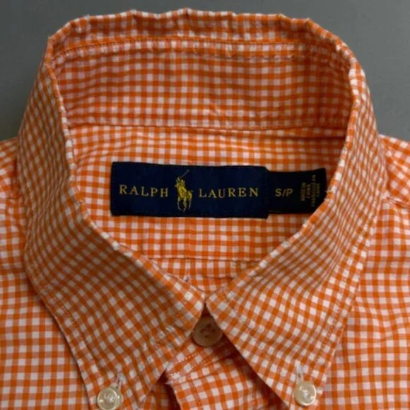 Ralph Lauren Mens Small Orange Gingham Check Long Sleeve Button Down Shirt - Picture 5 of 6